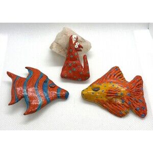 Vintage Pine Lot‎ of 3 Handcrafted Plaster Animal Pin Brooch Fish Wolf 90s Style